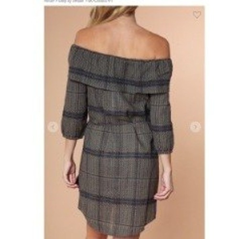 100% Cotton Renee C NWT Olive Plaid Embroidered Off Shoulder Boho Mini Dress M - Picture 2 of 8